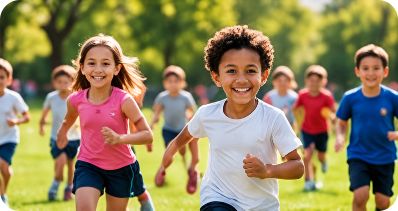 Kinderen rennen samen door een groen park.