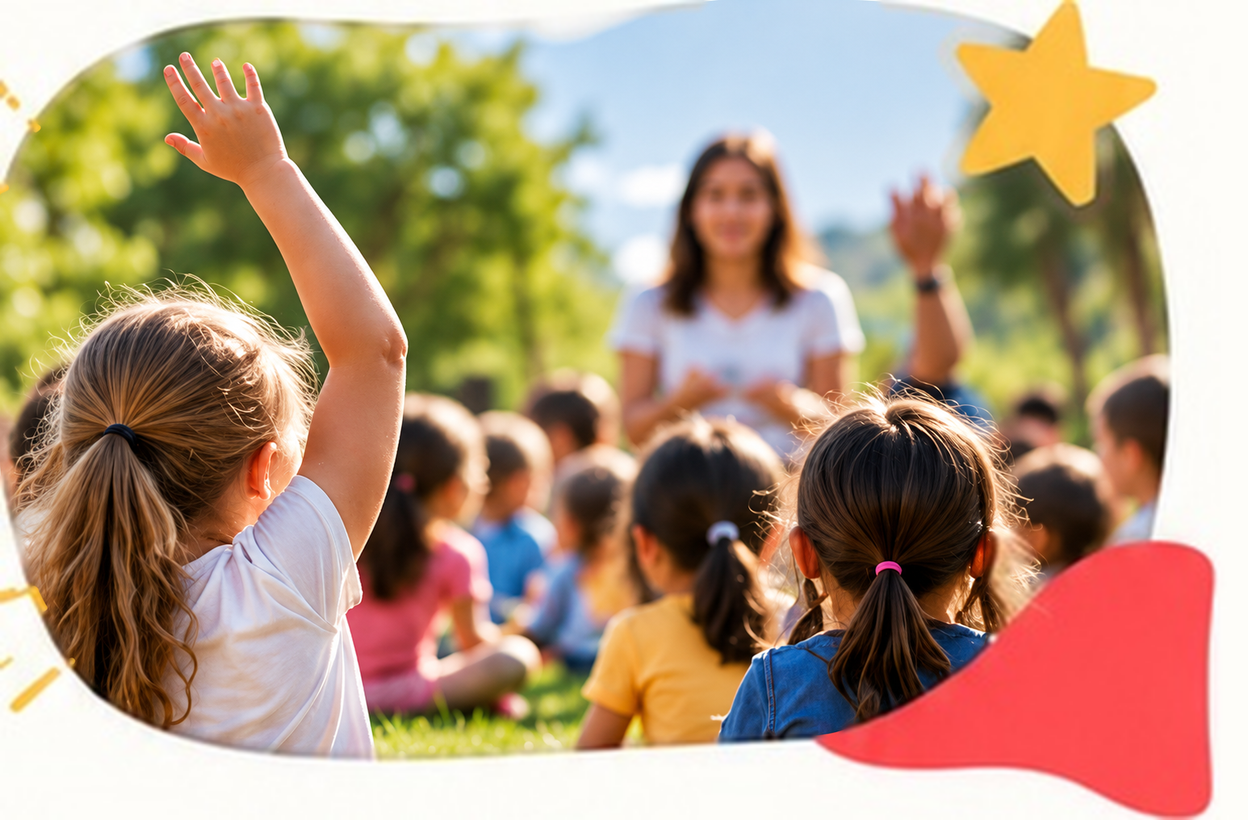 Kinderen doen buiten mee aan een activiteit met een begeleider.