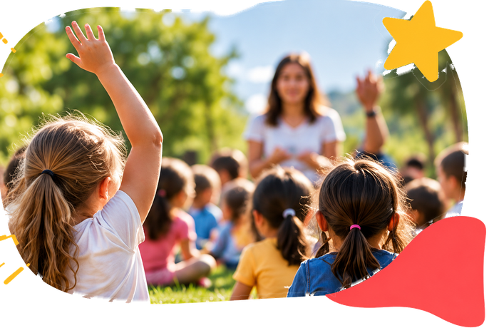 Kinderen doen buiten mee aan een activiteit met een begeleider.