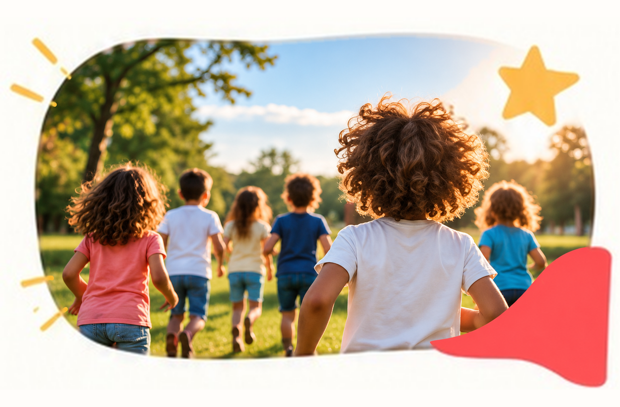 Kinderen rennen samen buiten tijdens een activiteit van Kleine Talenten.