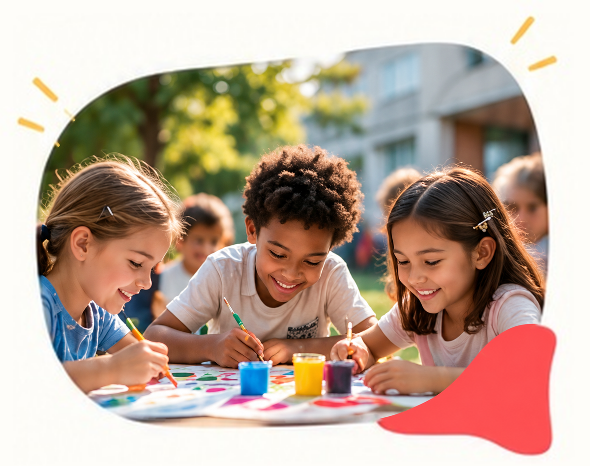 Kinderen tekenen en schilderen samen aan een tafel.
