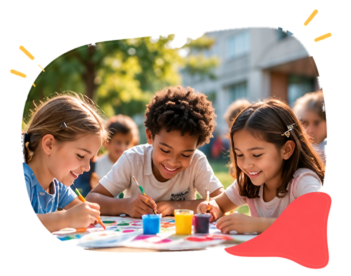 Kinderen tekenen en schilderen samen aan een tafel.